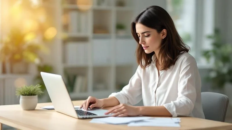 Frau sitzt in einem hellen Büro in Saarbrücken und füllt Formulare am Laptop aus