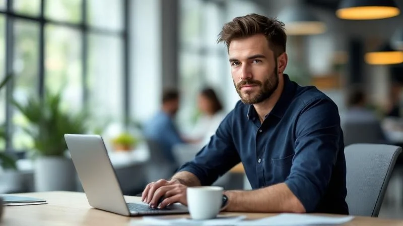 Mann mittleren Alters schaut konzentriert auf einen Laptop-Bildschirm in einem modernen Büro in Saarbrücken