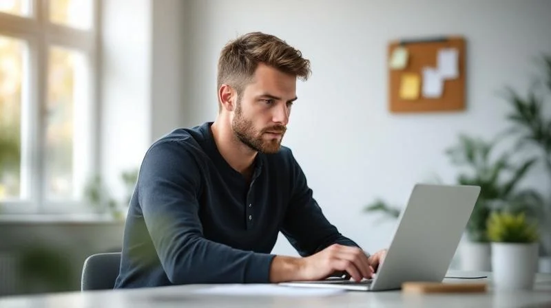 Mann arbeitet konzentriert am Laptop in einem modernen Arbeitsraum in Saarbrücken