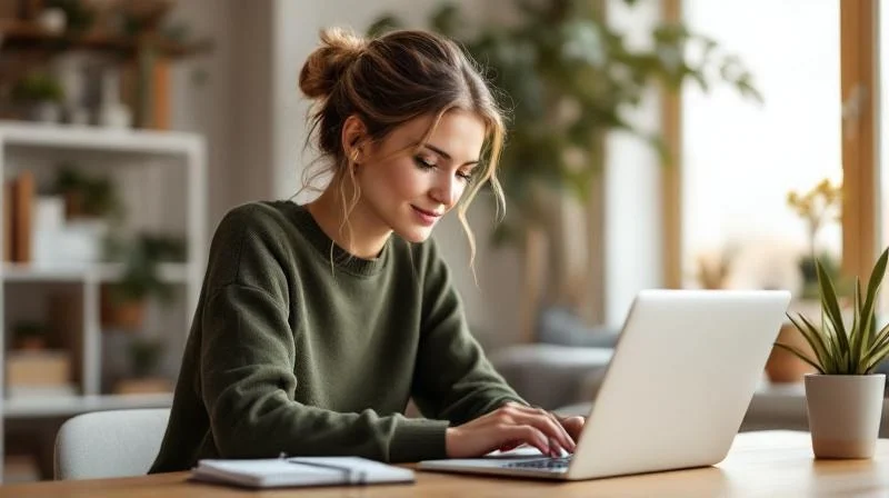 Frau lernt am Laptop in einem hellen Wohnzimmer in Saarbrücken